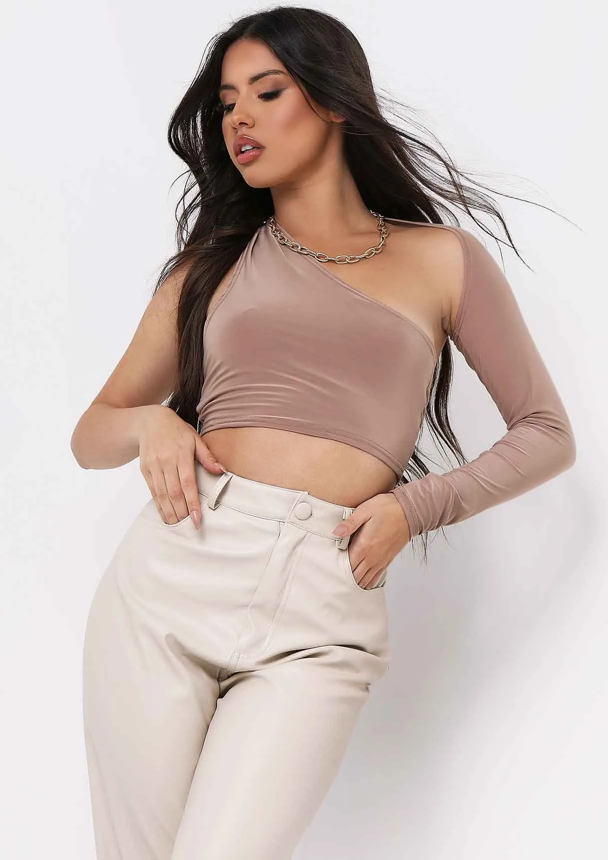 Sam Taupe One Shoulder Long Sleeve Crop Top sold by Missy Empire