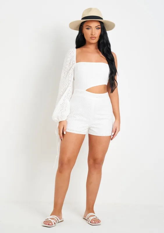 August White Broidery One Sleeve Playsuit sold by Missy Empire
