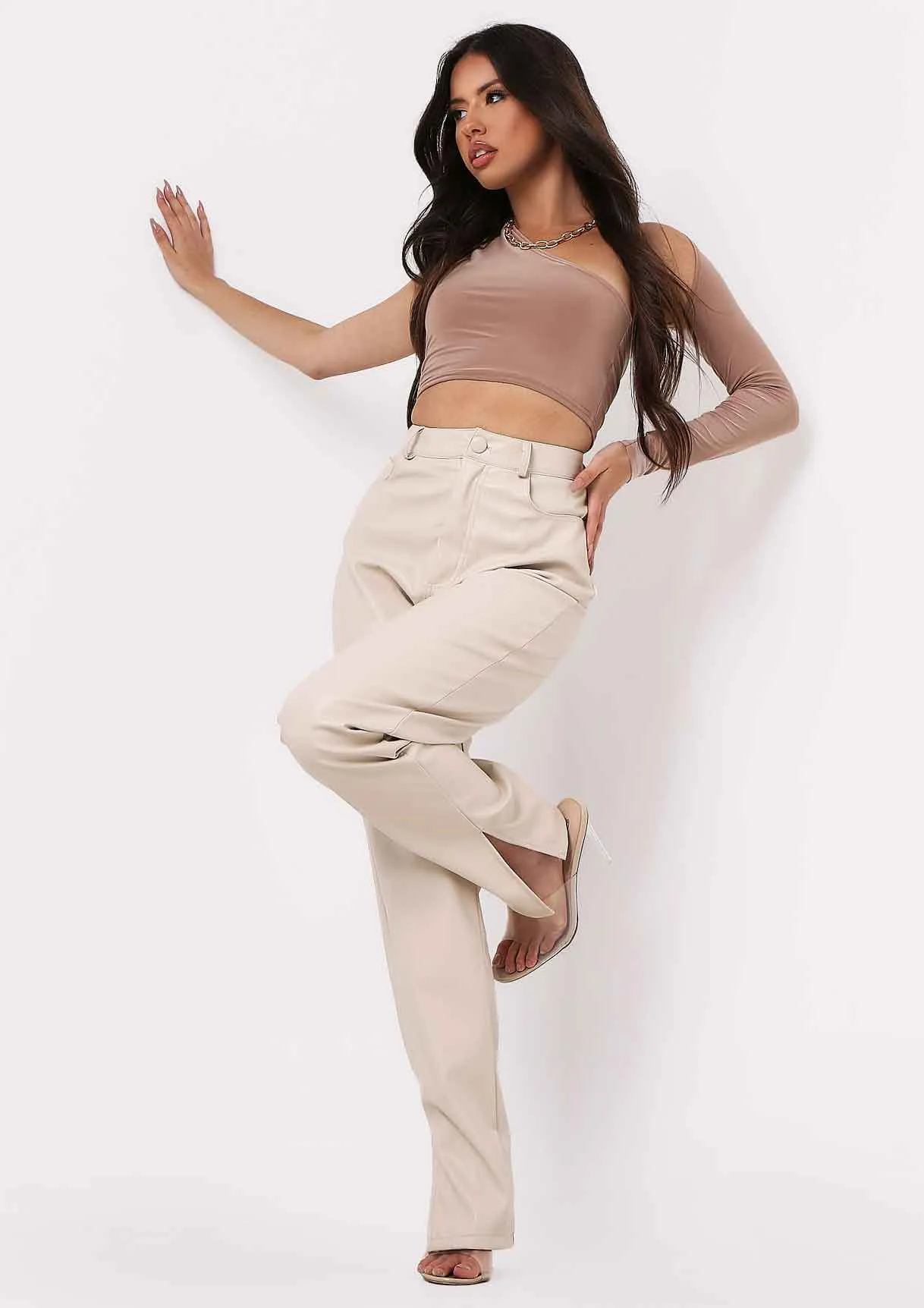 Sam Taupe One Shoulder Long Sleeve Crop Top sold by Missy Empire product image thumbnail 5