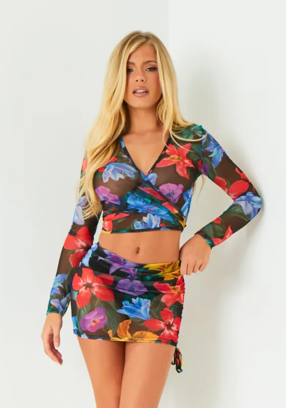 Ayla Black Floral Tie Side Beach Skirt sold by Missy Empire