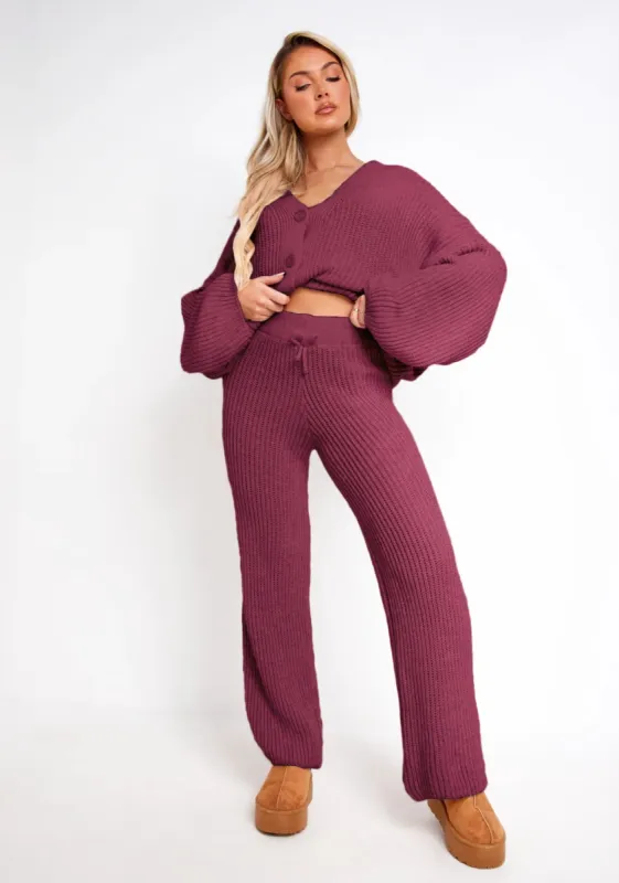 Chantelle Wine Chunky Knit Cardigan & Trouser Co-Ord Set sold by Missy Empire