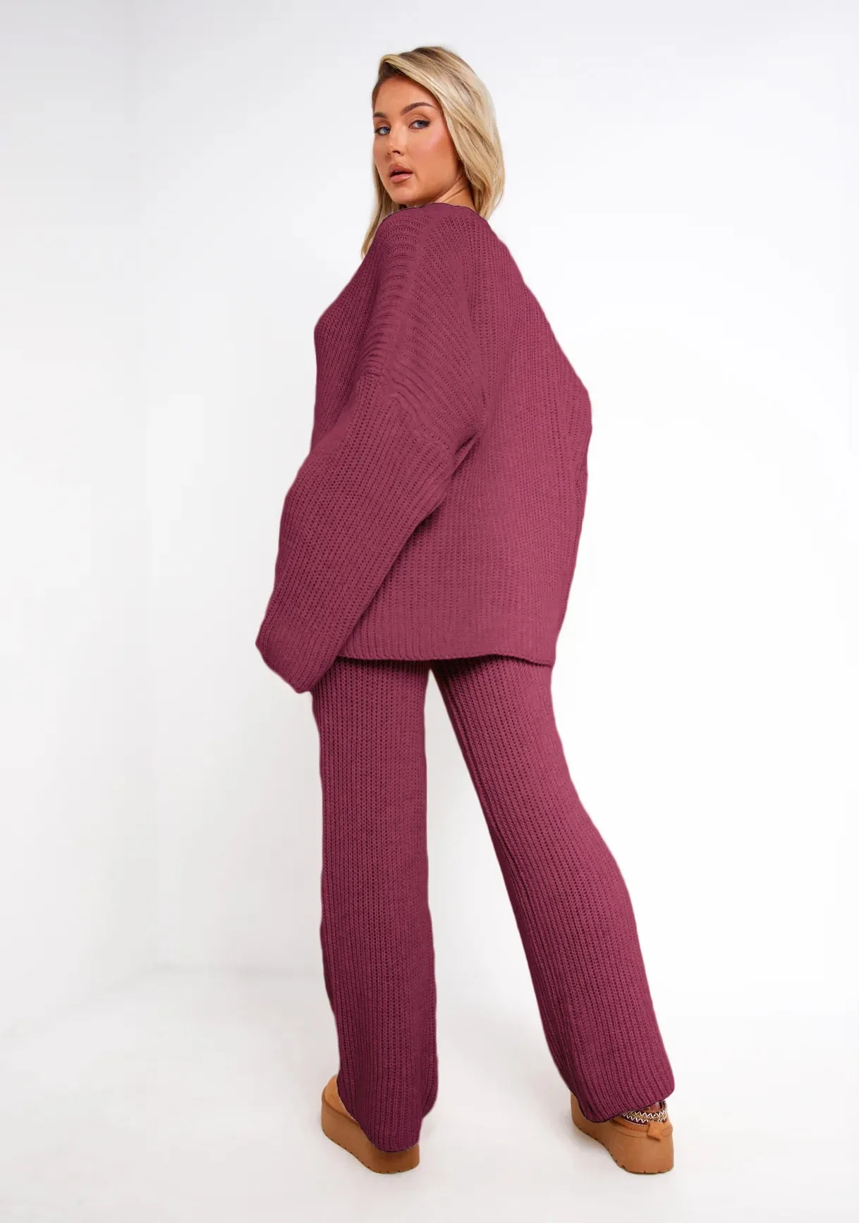 Chantelle Wine Chunky Knit Cardigan & Trouser Co-Ord Set sold by Missy Empire product image thumbnail 3
