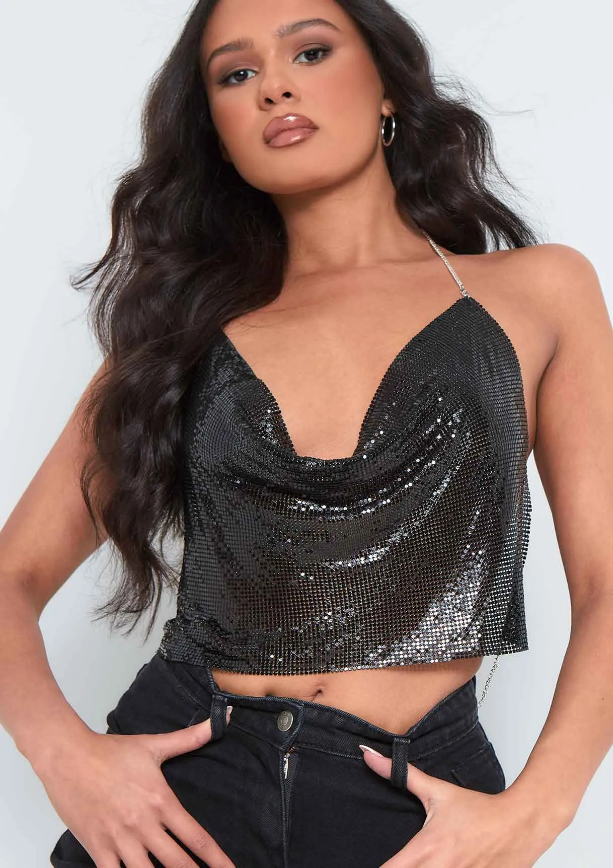 Macie Black Chain Mail Crop Top sold by Missy Empire product image thumbnail 2