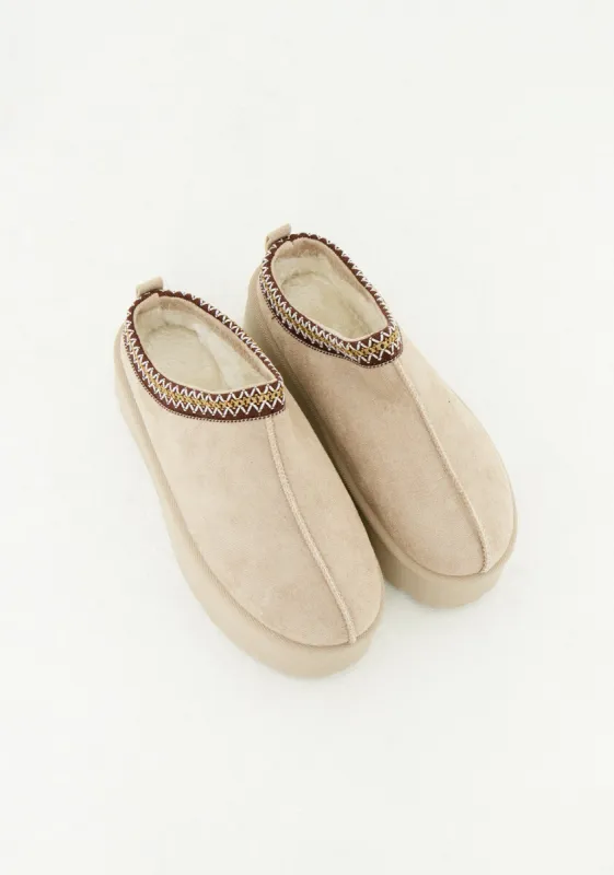 Emily Beige Platform Faux Fur Lined Slip On Boots sold by Missy Empire