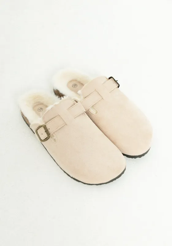 Becky Beige Faux Fur Lined Buckle Sliders sold by Missy Empire