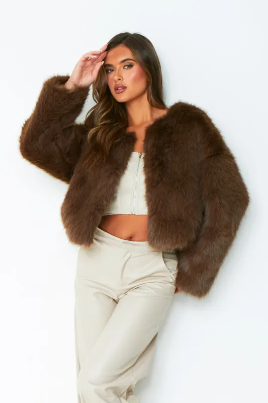 Harriet Brown Cropped Faux Fur Coat sold by Missy Empire