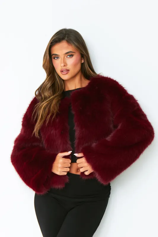 Harriet Wine Cropped Faux Fur Coat sold by Missy Empire