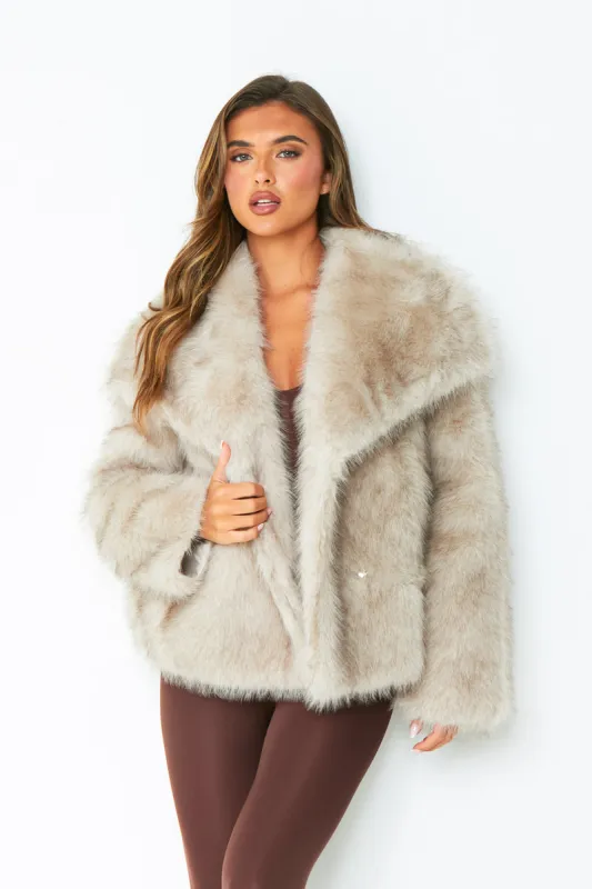 Freya Beige Oversized Faux Fur Coat sold by Missy Empire