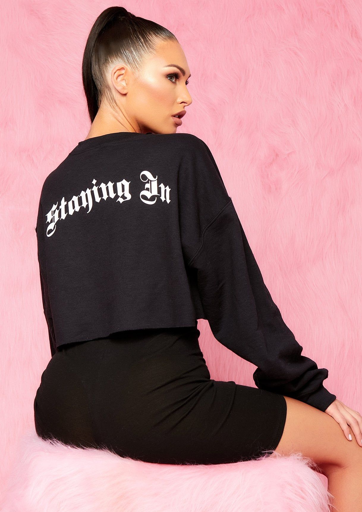 Serena Black Staying In Slogan Cropped Sweater sold by Missy Empire product image thumbnail 5