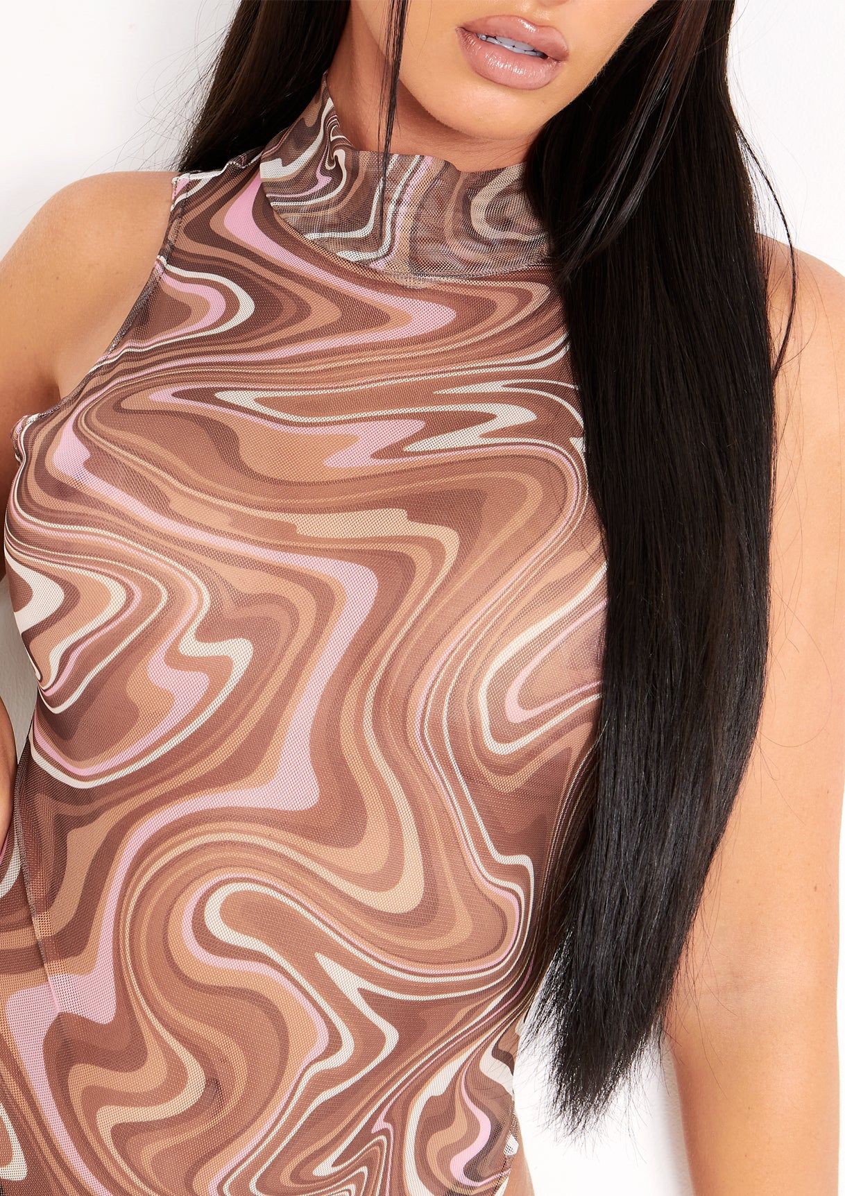 Mollie Brown Swirl Print Racer Mesh Bodysuit sold by Missy Empire product image thumbnail 3