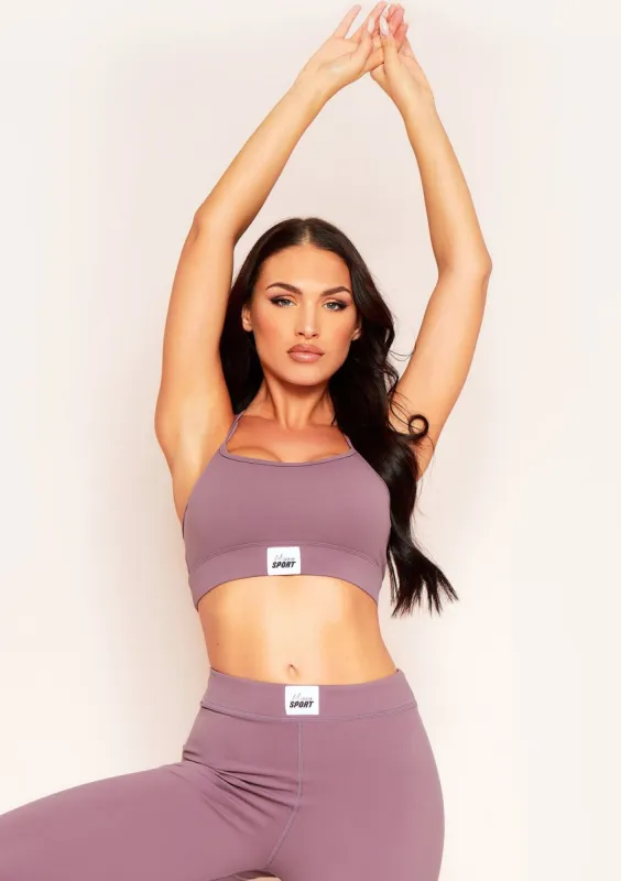 Elena Purple Missy Sport Tab Logo Thick Strappy Gym Crop Top sold by Missy Empire