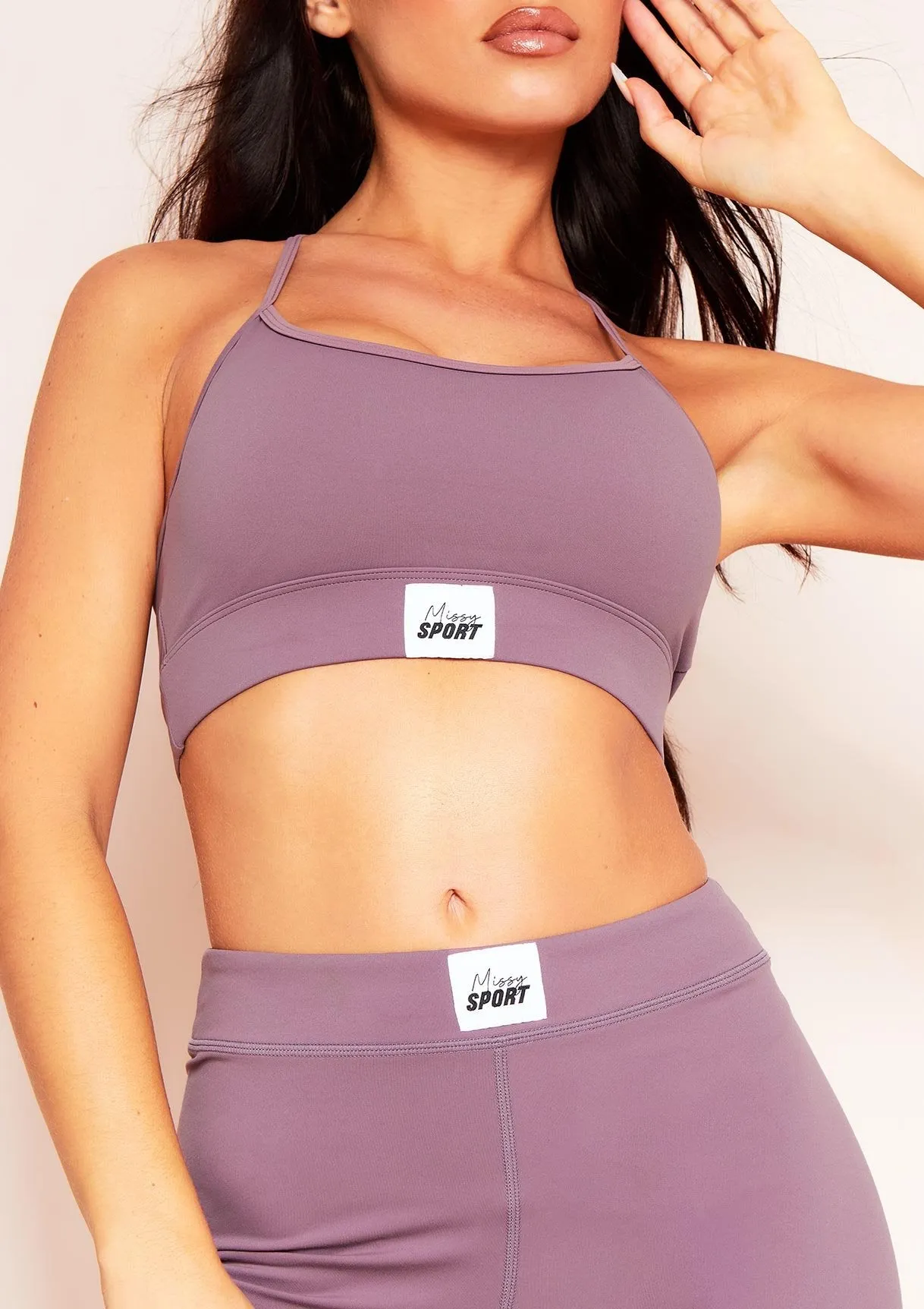 Elena Purple Missy Sport Tab Logo Thick Strappy Gym Crop Top sold by Missy Empire product image thumbnail 3