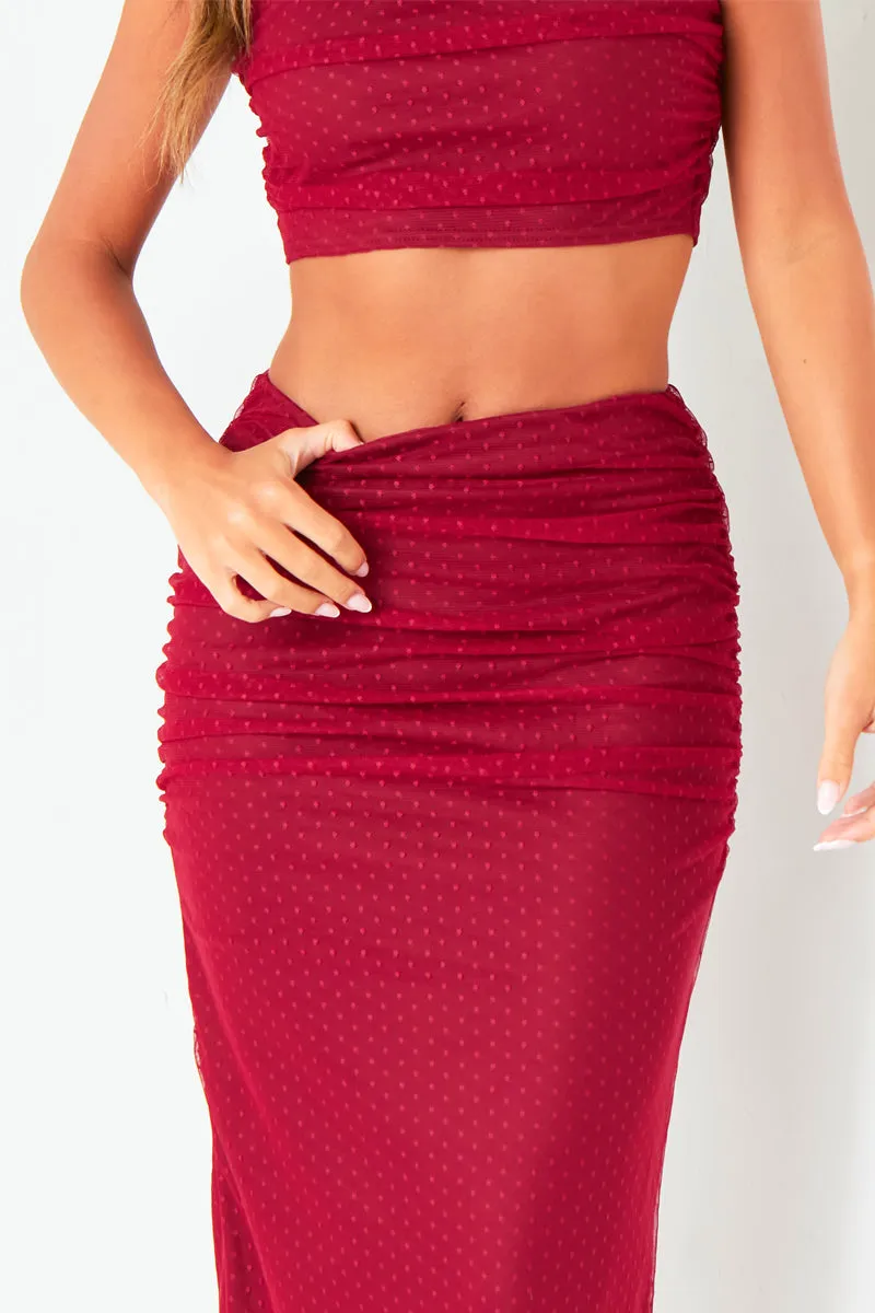 Kaia Wine Spot Mesh Maxi Skirt sold by Missy Empire product image thumbnail 5