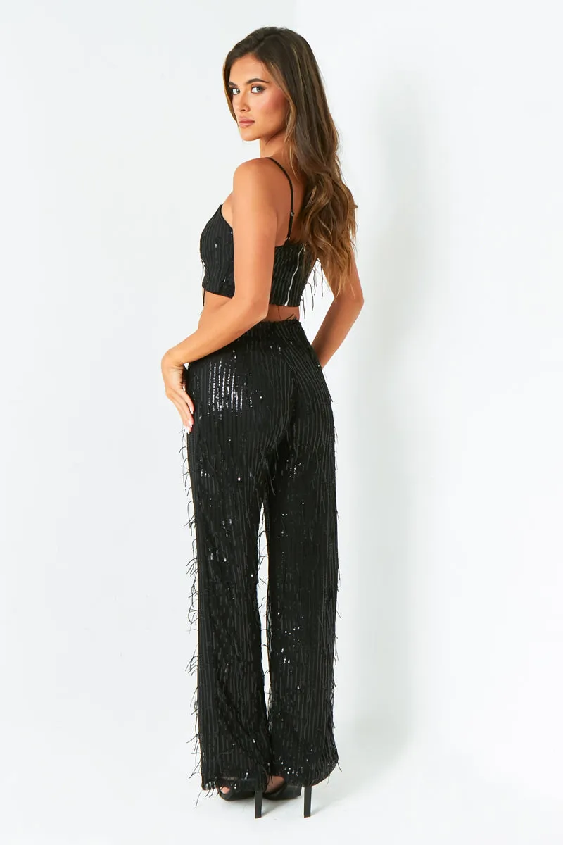 Rosalie Black Tassel Sequin Wide Leg Trousers sold by Missy Empire product image thumbnail 4