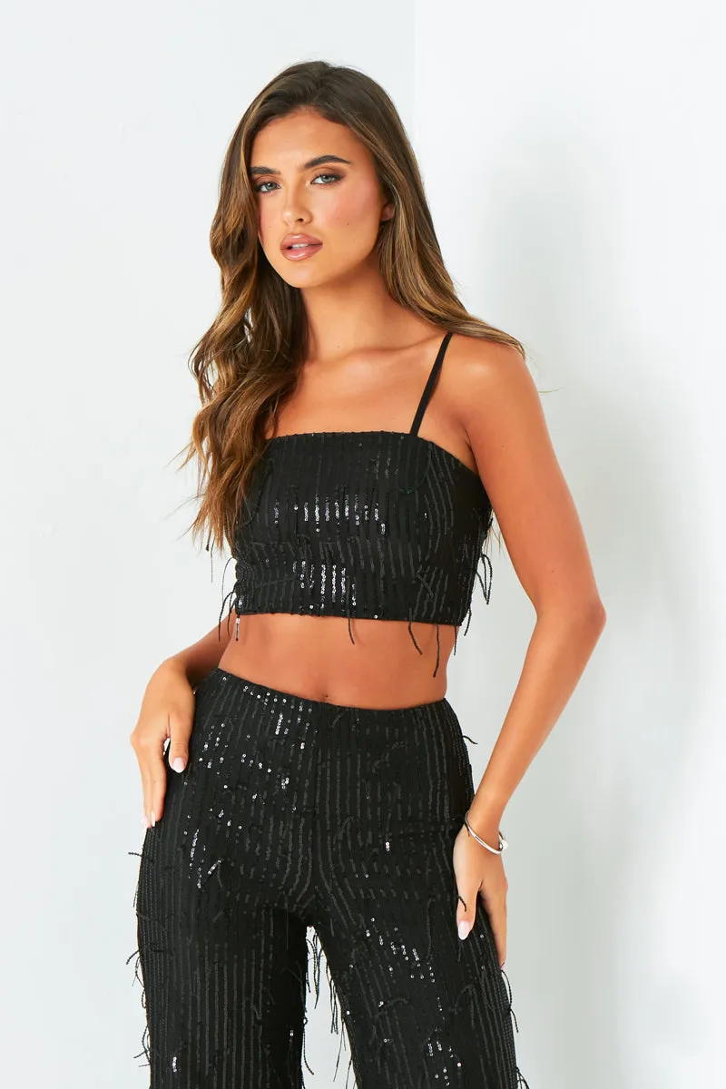 Orla Black Tassel Sequin Crop Top sold by Missy Empire product image thumbnail 2