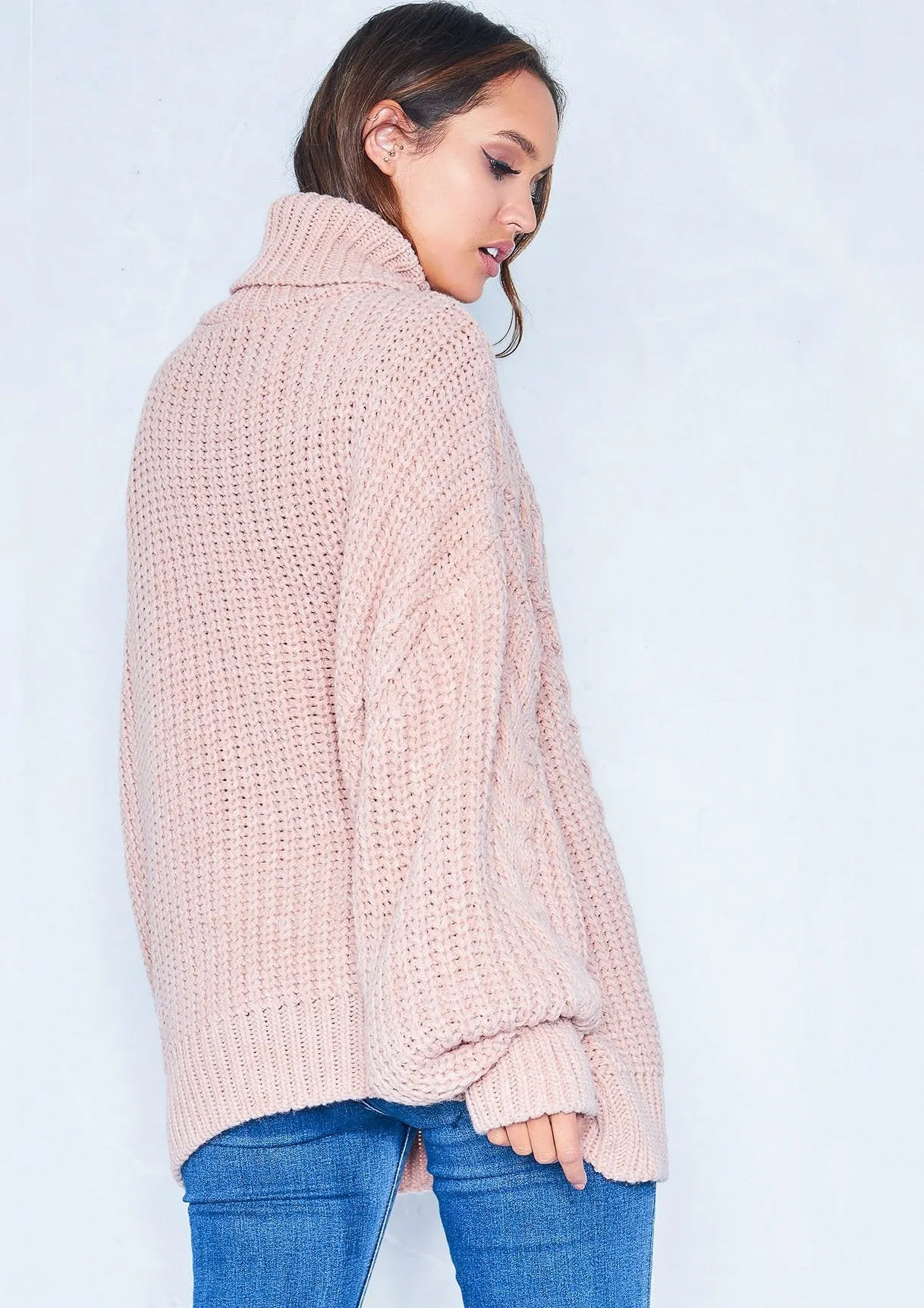 Francesca Pink Cable Knit Roll Neck Oversized Jumper sold by Missy Empire product image thumbnail 2