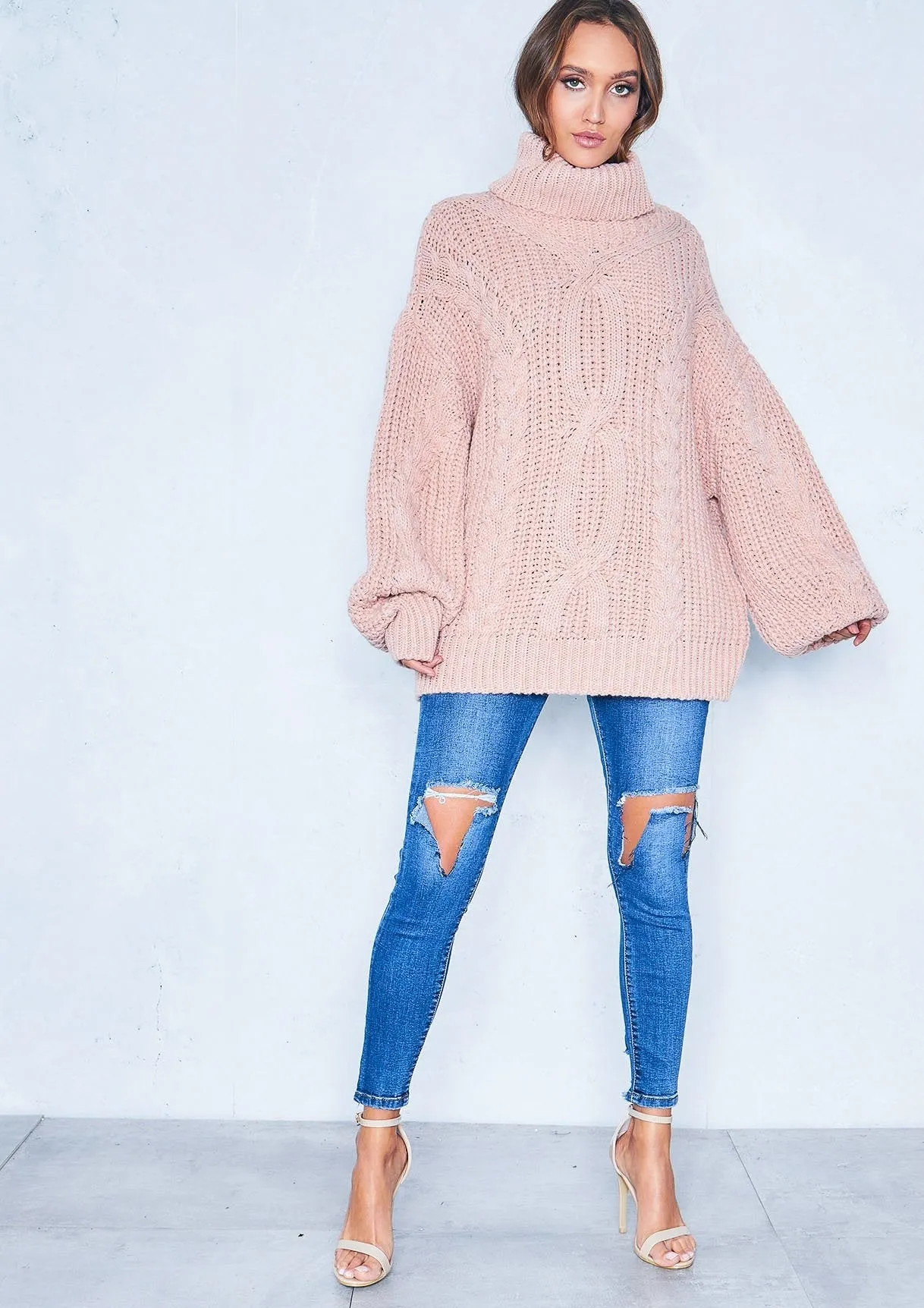 Francesca Pink Cable Knit Roll Neck Oversized Jumper sold by Missy Empire product image thumbnail 4