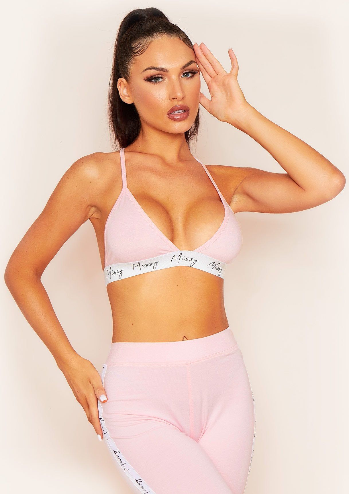 Selma Pale Pink Missy Branded Triangle Cross Strap Strappy Bralet sold by Missy Empire