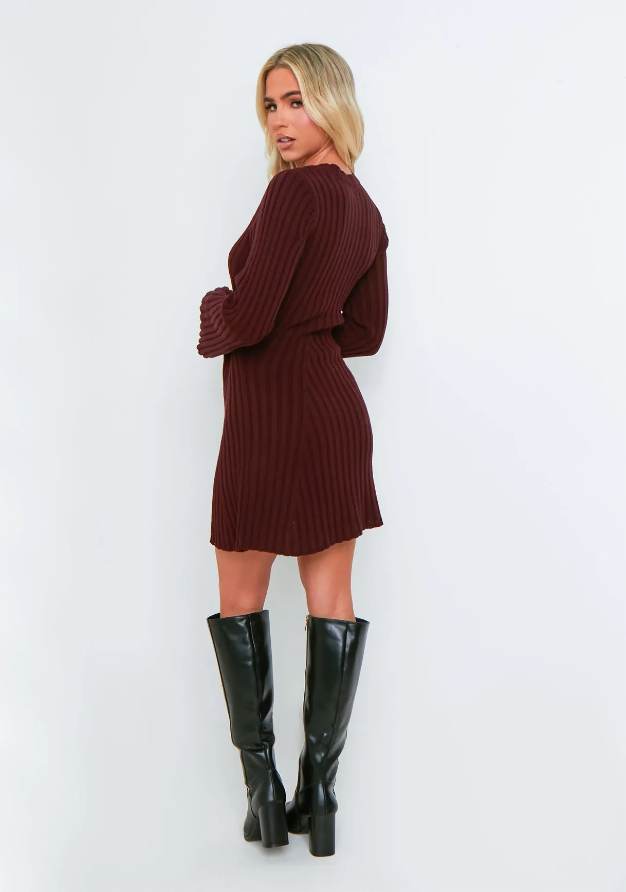 Harper Wine Rib Knit Flare Mini Dress sold by Missy Empire product image thumbnail 3