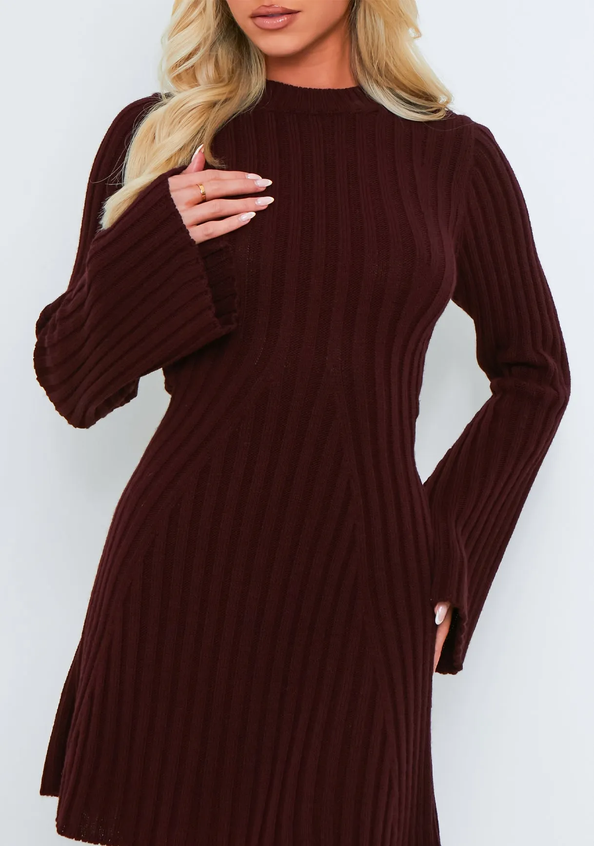 Harper Wine Rib Knit Flare Mini Dress sold by Missy Empire product image thumbnail 2