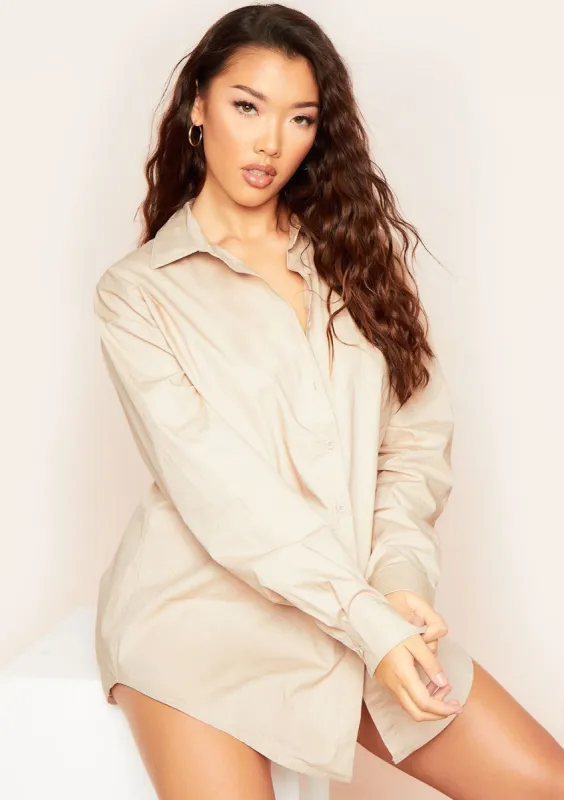Clara Beige Thick Cotton Oversized Shirt sold by Missy Empire