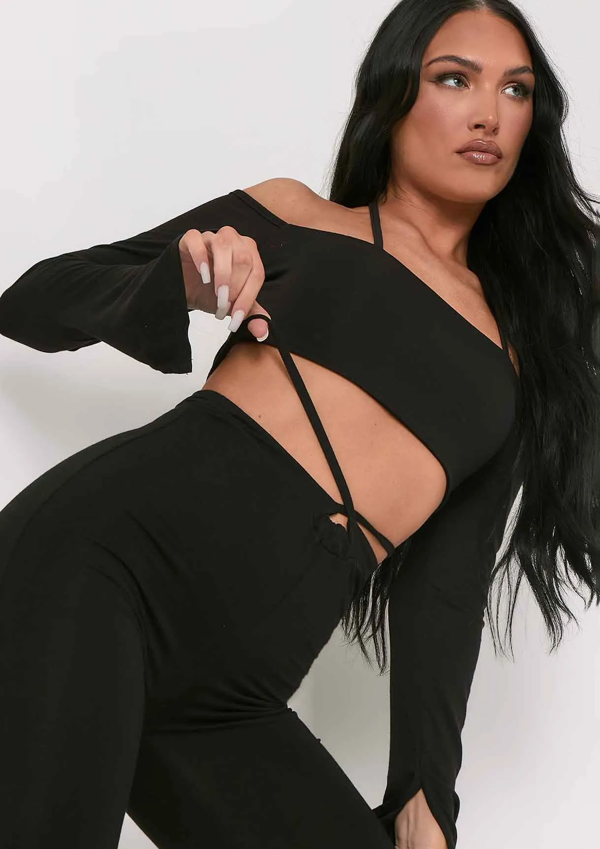 Maura Black Bardot Halterneck Strap Split Sleeve Crop Top sold by Missy Empire