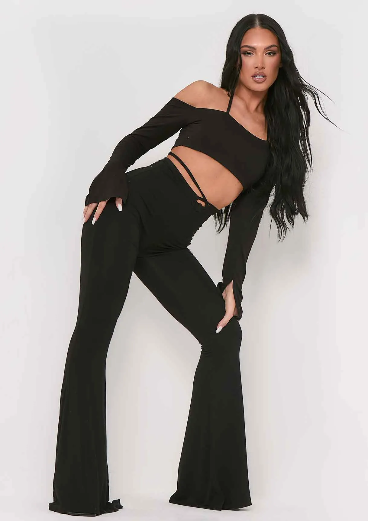 Maura Black Bardot Halterneck Strap Split Sleeve Crop Top sold by Missy Empire product image thumbnail 5