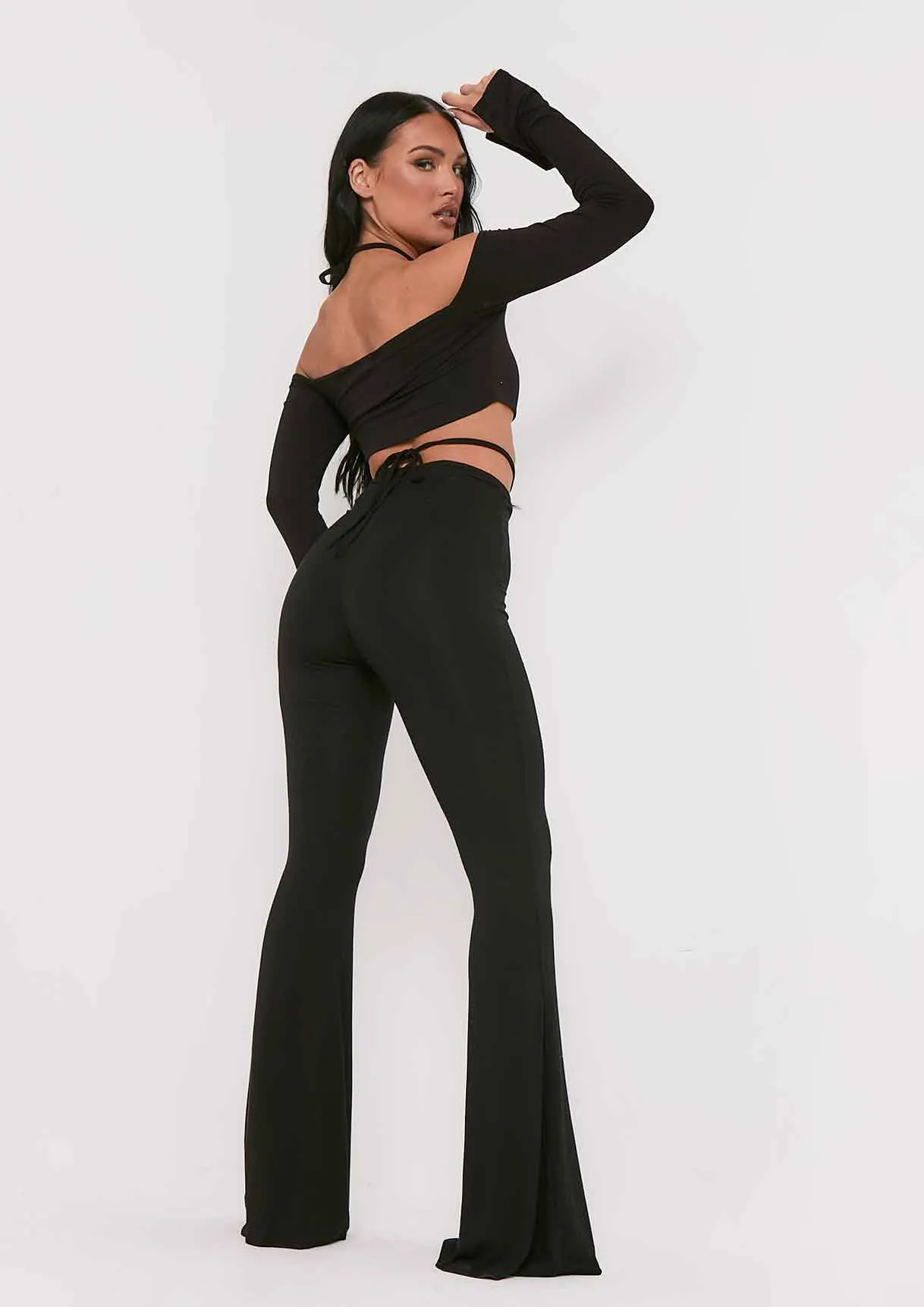 Maura Black Bardot Halterneck Strap Split Sleeve Crop Top sold by Missy Empire product image thumbnail 3
