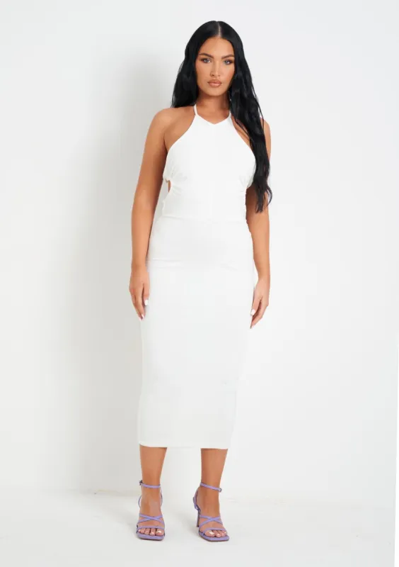 Eloise Cream Double Layer Slinky Tie Back Midi Dress made by Missy Empire