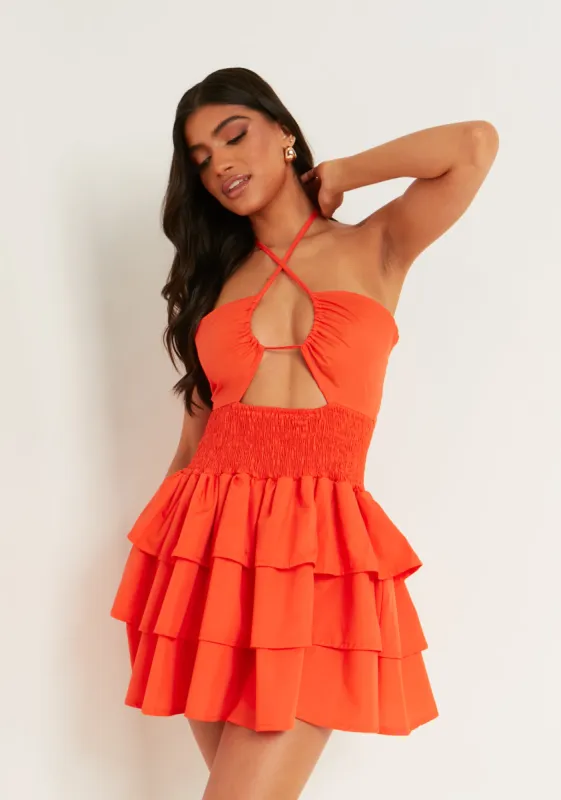 Mila Orange Shirred Waist Tiered Frill Halter Mini Dress sold by Missy Empire