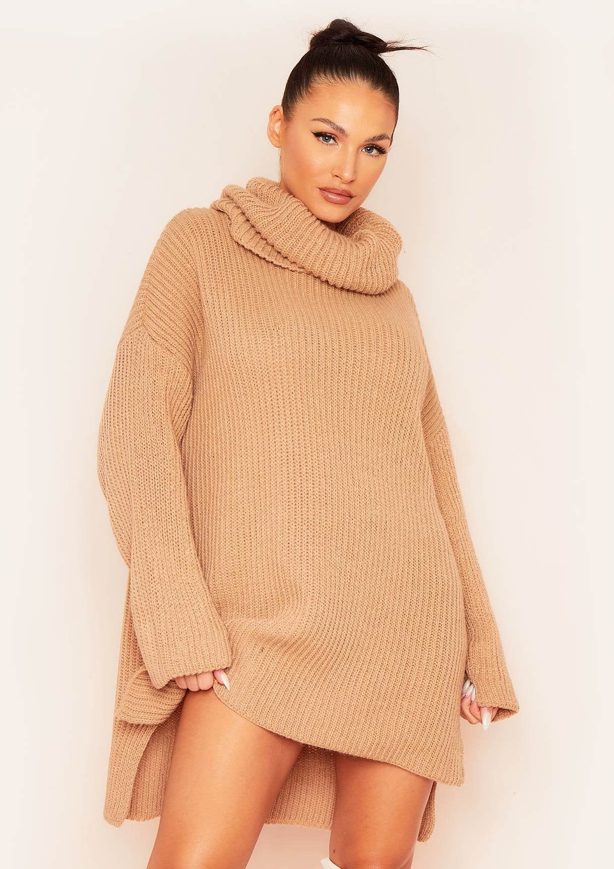 Courtney Camel Roll Neck Knitted Dip Hem Jumper Dress sold by Missy Empire