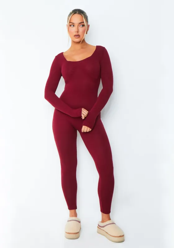 Savannah Burgundy Knitted Long Sleeve Jumpsuit sold by Missy Empire