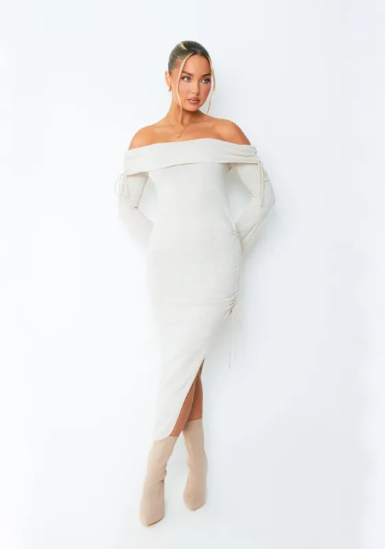 Jessy Beige Fold Over Side Ruched Midi Dress sold by Missy Empire