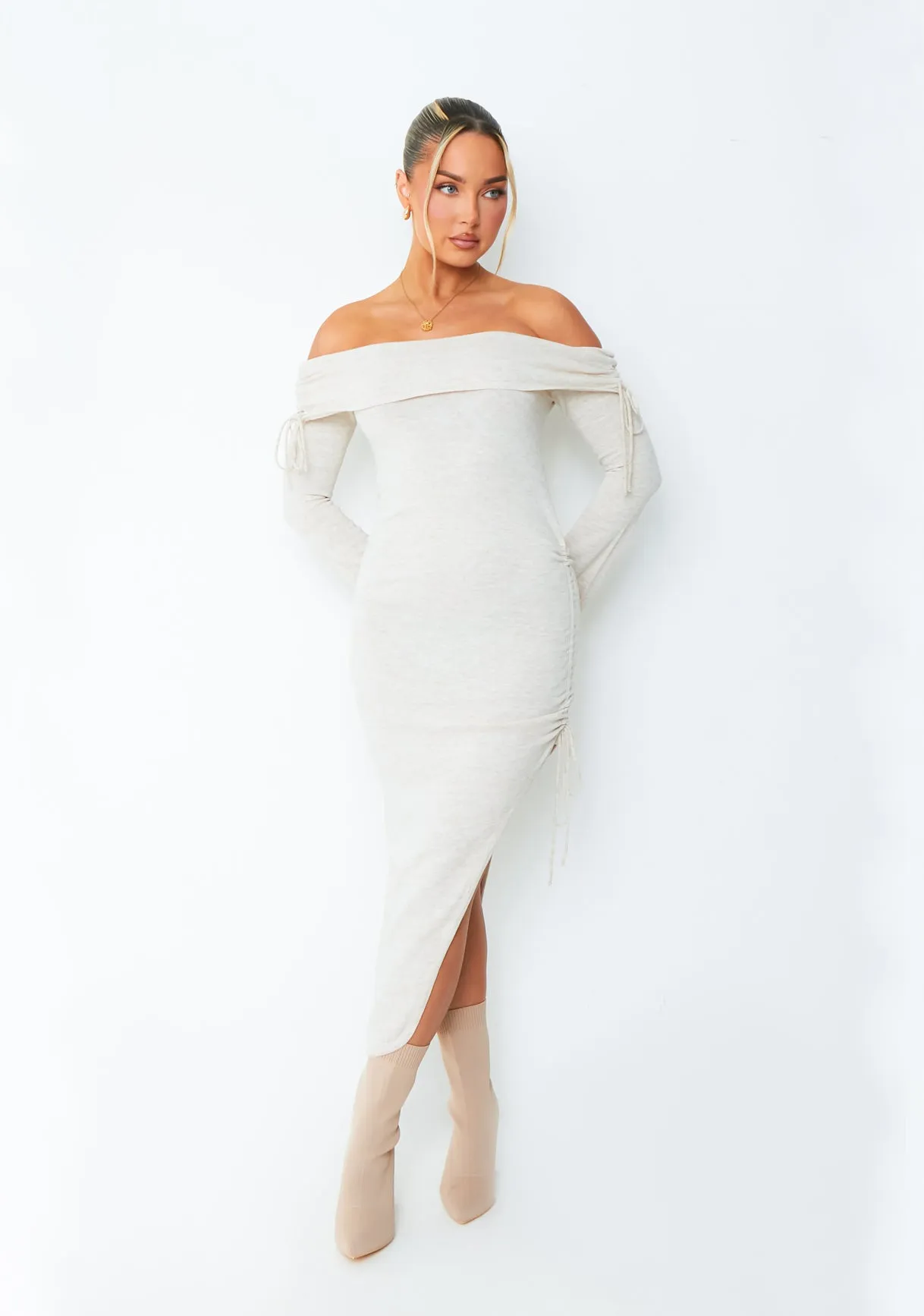 Jessy Beige Fold Over Side Ruched Midi Dress sold by Missy Empire