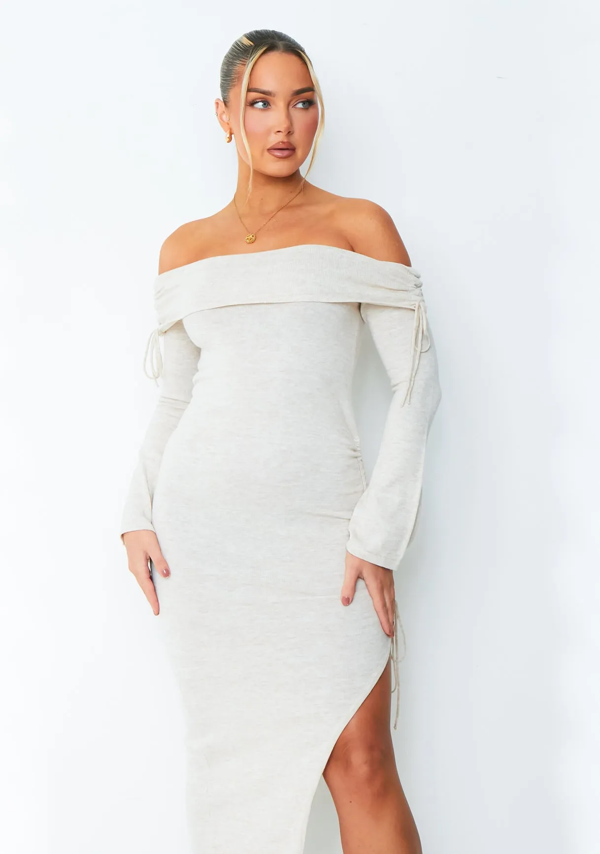 Jessy Beige Fold Over Side Ruched Midi Dress sold by Missy Empire product image thumbnail 4