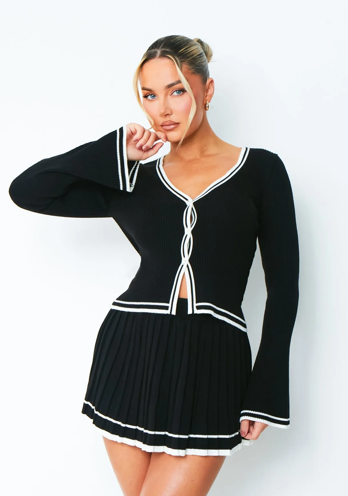 Bella Black Long Sleeve Cardigan With White Trim sold by Missy Empire