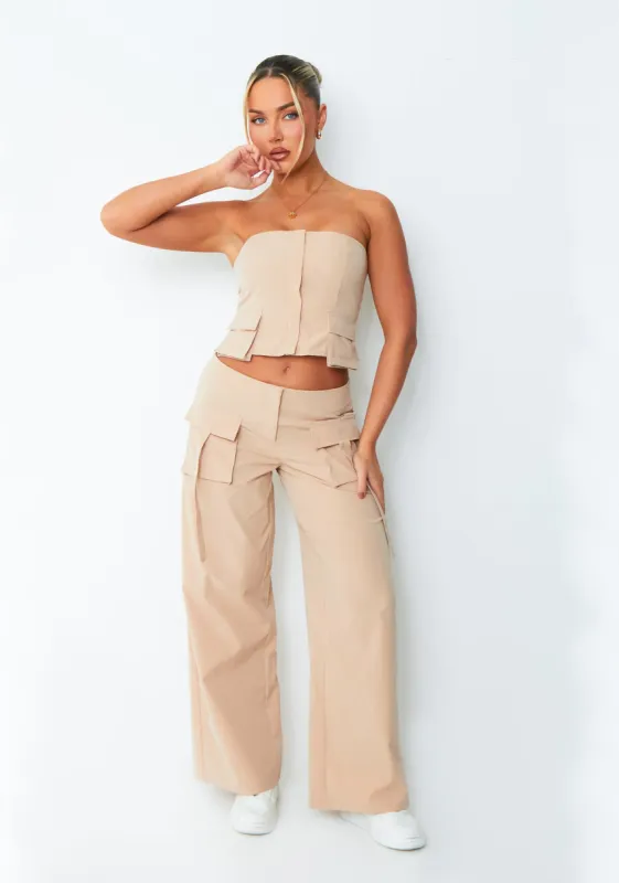 Charley Beige Woven Utility Cargo Trousers sold by Missy Empire