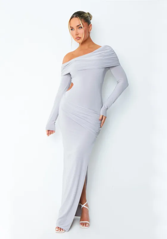 Kate Grey Off The Shoulder Fold Over Cut Out Maxi Dress sold by Missy Empire