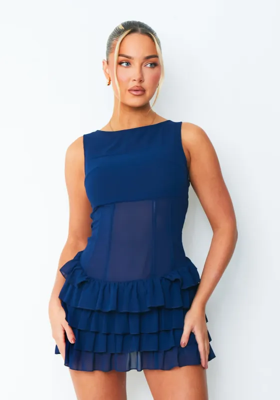 Lola Navy Ruffle Lace Up Back Mini Dress sold by Missy Empire