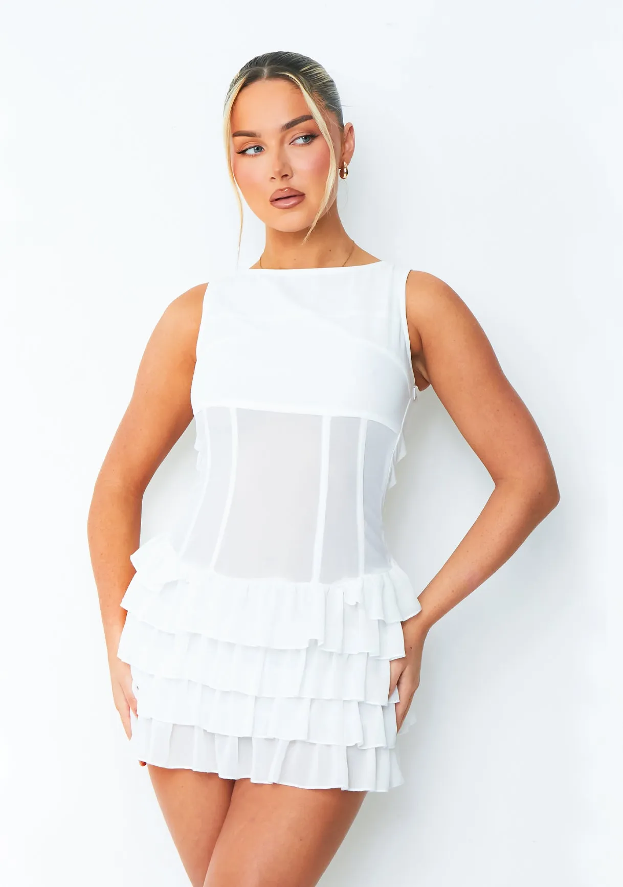 Lola White Ruffle Lace Up Back Mini Dress sold by Missy Empire product image thumbnail 2