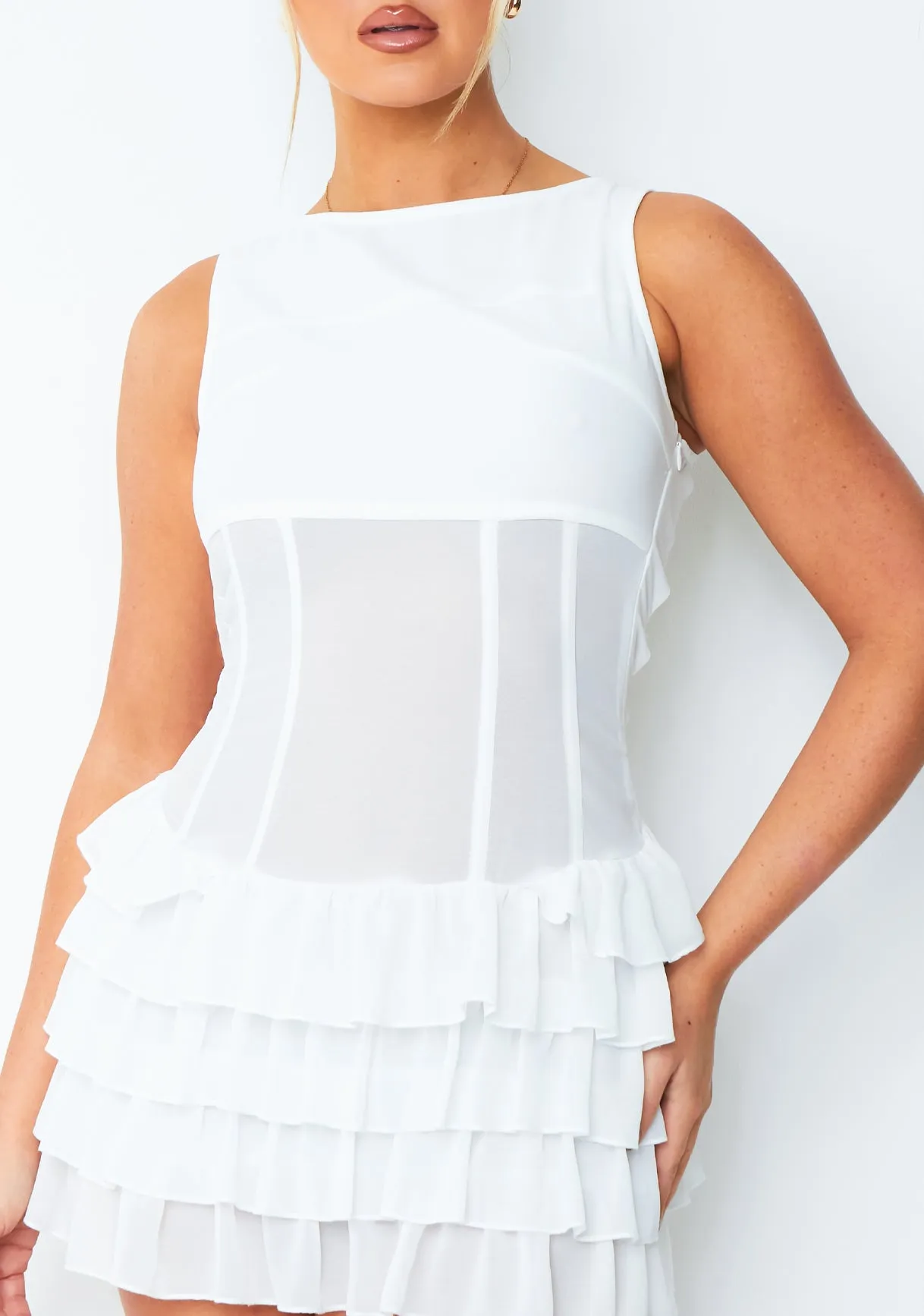 Lola White Ruffle Lace Up Back Mini Dress sold by Missy Empire product image thumbnail 4