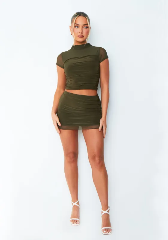 Julia Khaki Mesh Panel Mini Skirt made by Missy Empire