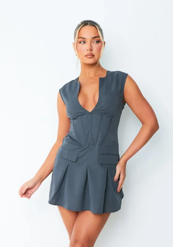 Matilda Dark Grey Plunge Pleated Dress sold by Missy Empire