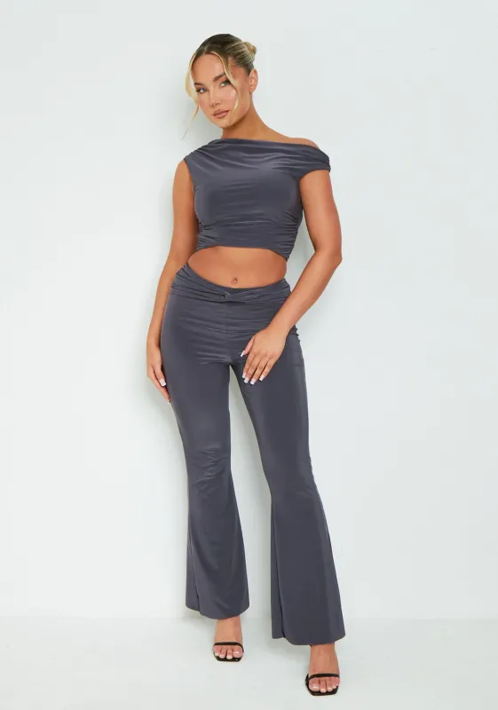 Danielle Charcoal Slinky High Waisted Flared Trousers sold by Missy Empire