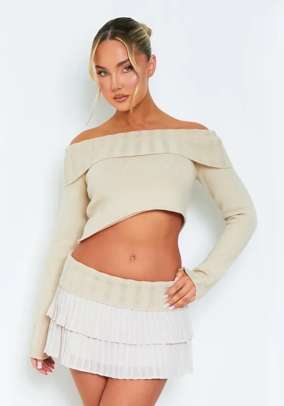 Luna Beige Off Shoulder Fold Over Knitted Jumper sold by Missy Empire