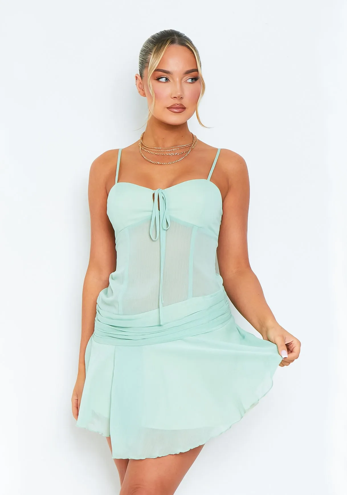 Isobel Sage Strappy Mesh Low Neck Mini Dress sold by Missy Empire product image thumbnail 3