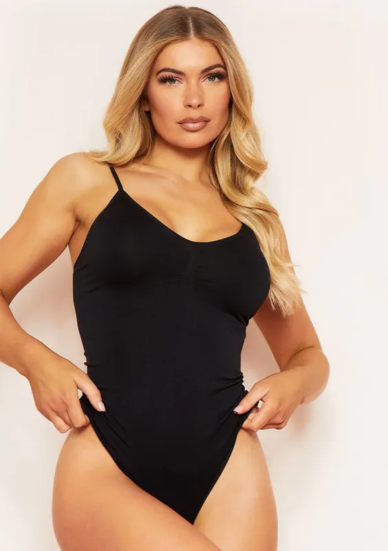 Adrienne Black Seamless Strap Plunge Bodysuit sold by Missy Empire