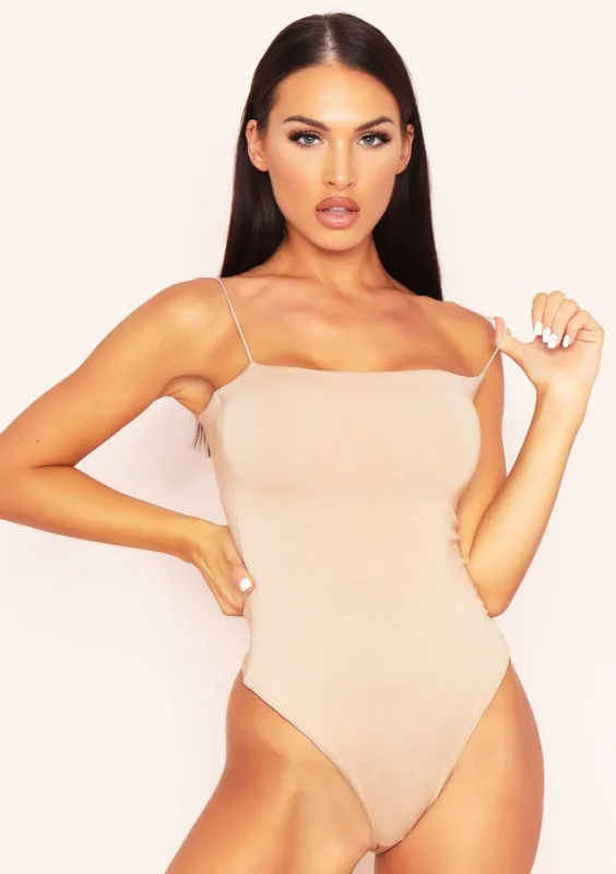 Derri Beige Spaghetti Strap Double Thickness Jersey Bodysuit sold by Missy Empire