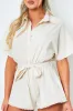 Charley Beige Tie Waist Plunge V Neck Playsuit sold by Missy Empire