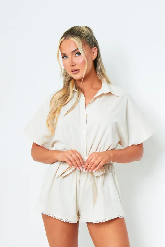 Charley Beige Tie Waist Plunge V Neck Playsuit sold by Missy Empire